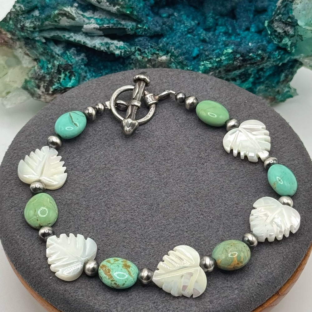 🩵REFINED Turquoise Carved Mother of Pearl Sterling Bracelet🩵